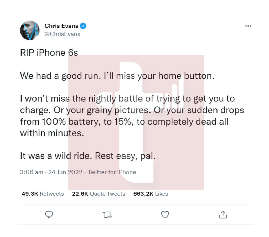 بعد 7 سنوات.. نجم Captain America يستبدل هاتفه iPhone 6s بـ iphone 13